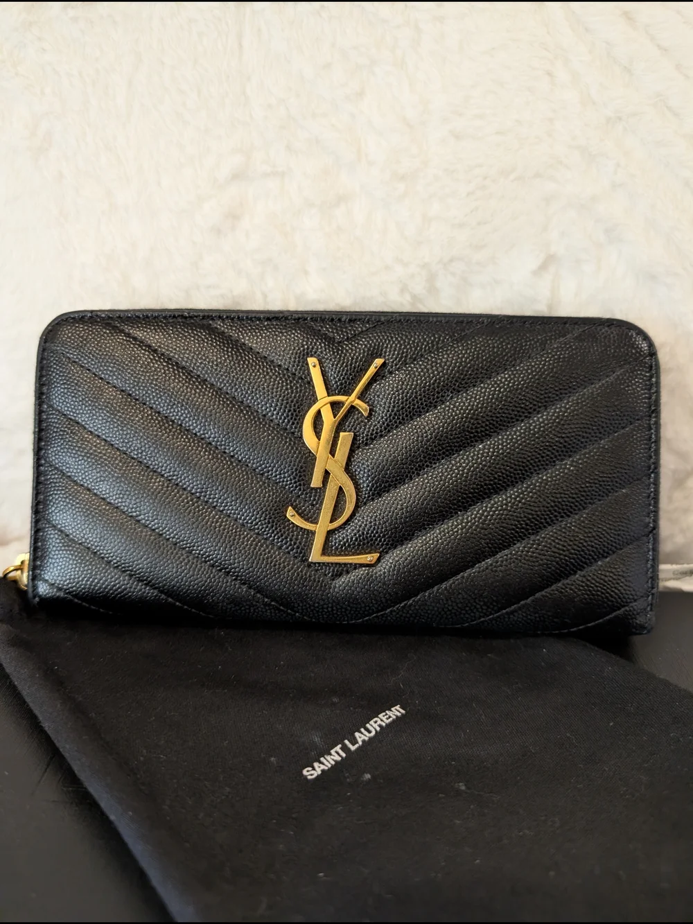 Saint Laurent Black Quilted Leather Zip Wallet with Gold Logo
